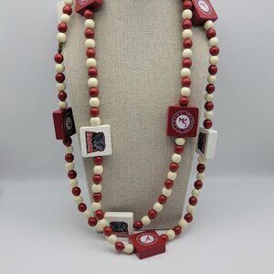 ALABAMA CRIMSON Wooden Beaded Necklace Red White Chunky 57" Continuous No Clasp